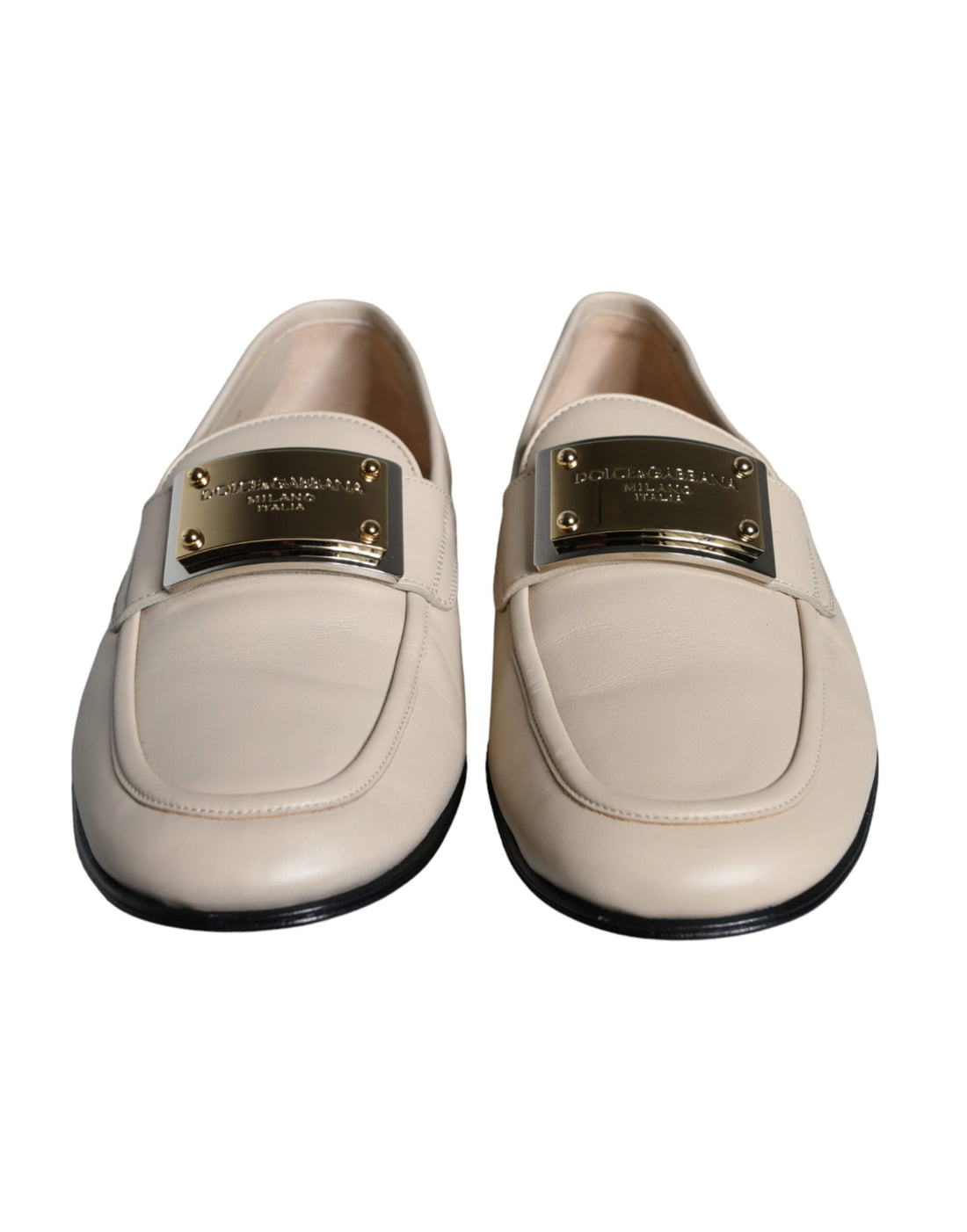 Dolce &amp;amp; Gabbana Beige Läder Logotypplack Slip-On Loafers Herrskor
