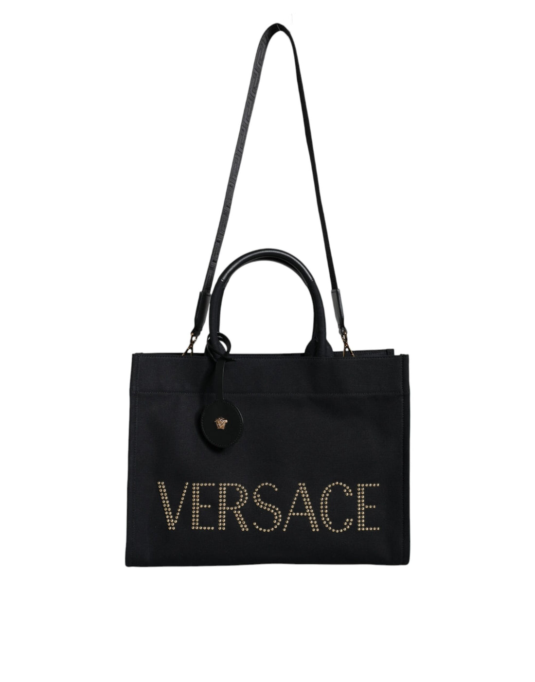 Versace svart axelväska i läder med kanvas och logotyp