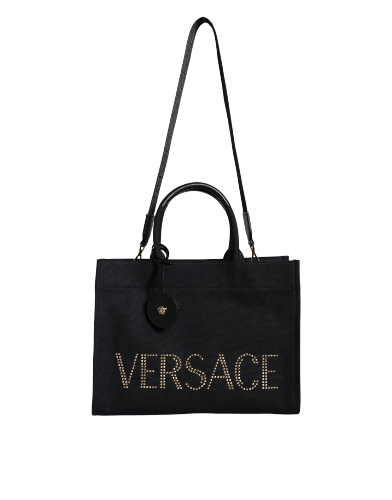 Versace svart axelväska i läder med kanvas och logotyp