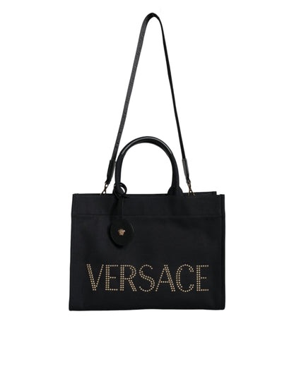 Versace svart axelväska i läder med kanvas och logotyp