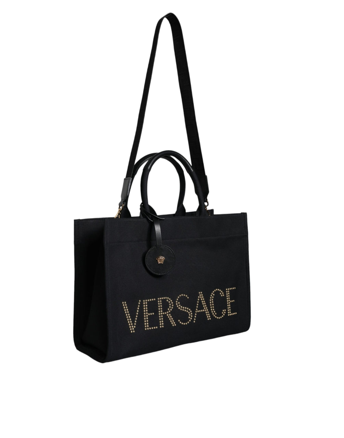 Versace svart axelväska i läder med kanvas och logotyp