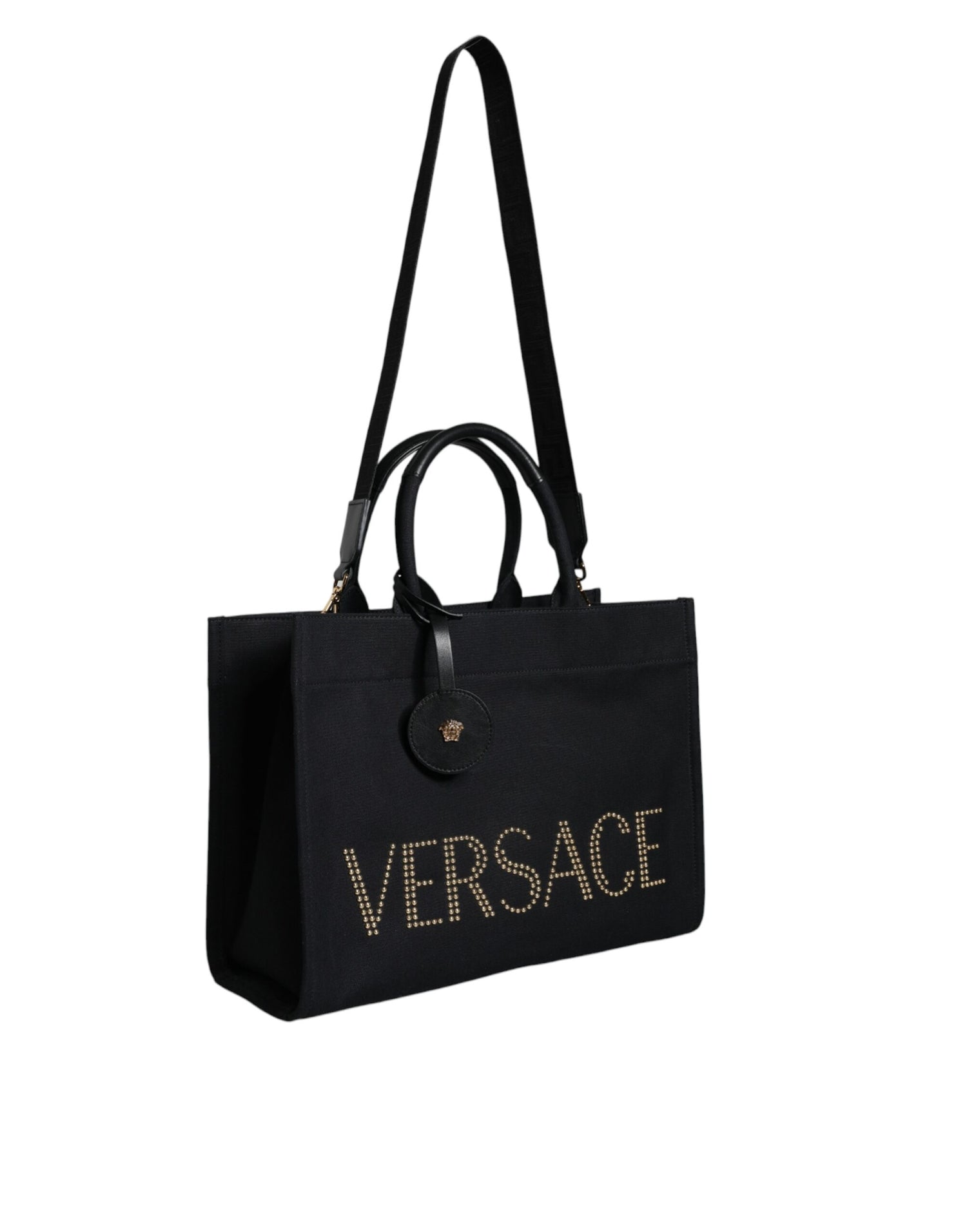 Versace svart axelväska i läder med kanvas och logotyp