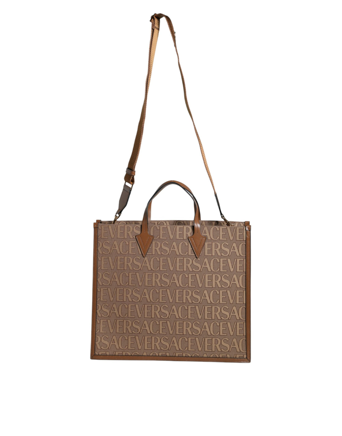 Versace brun axelväska i jacquardläder med logotyp och topphandtag