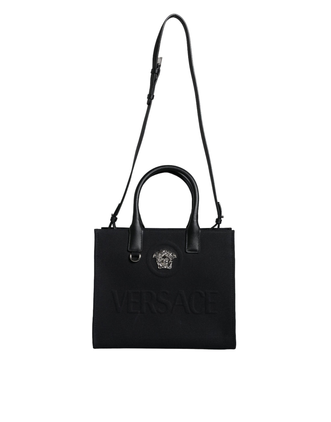 Versace svart axelväska i läder med kanvas och logotyp