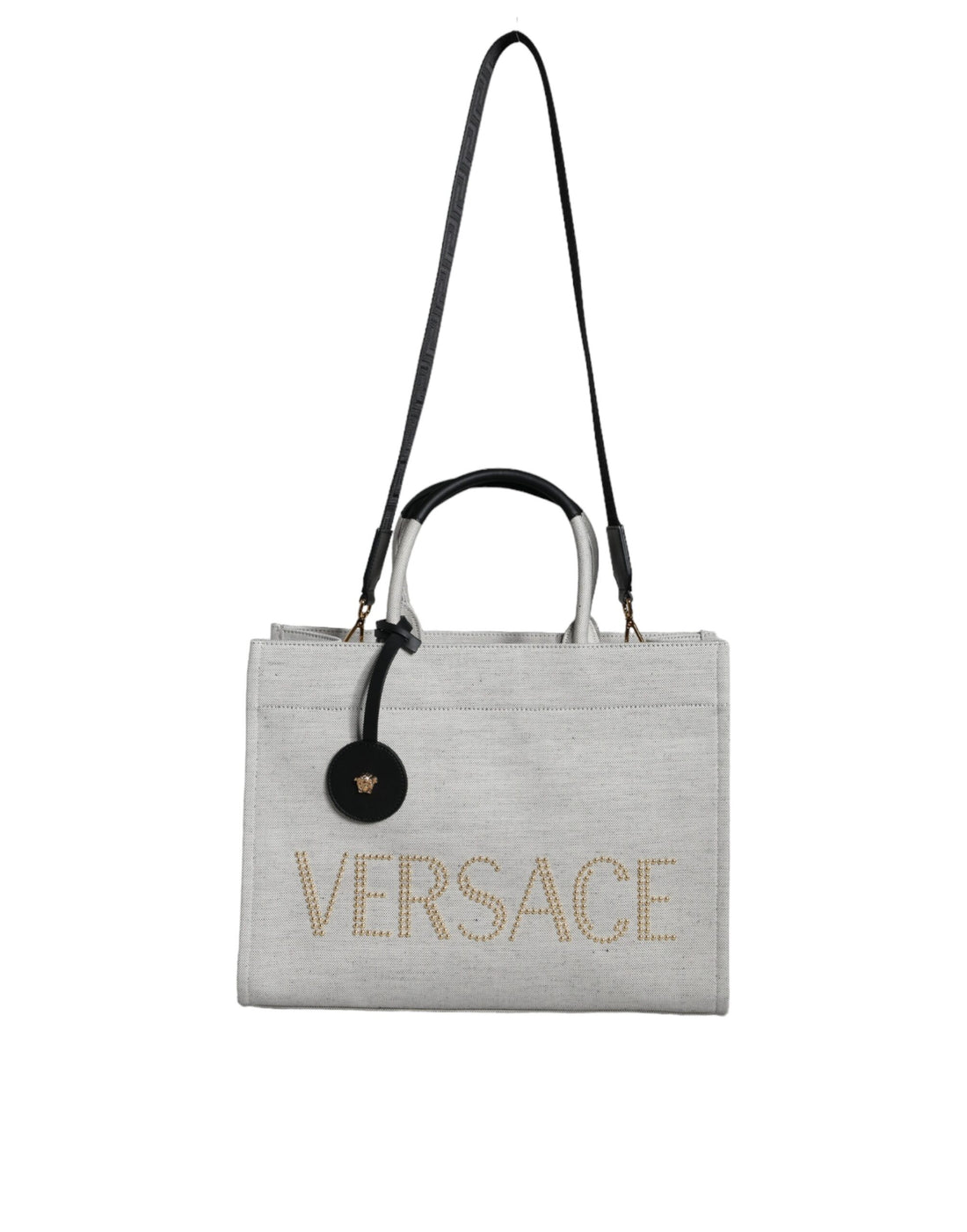 Versace Vit Axelremsväska i läder med topphandtag och logotyp