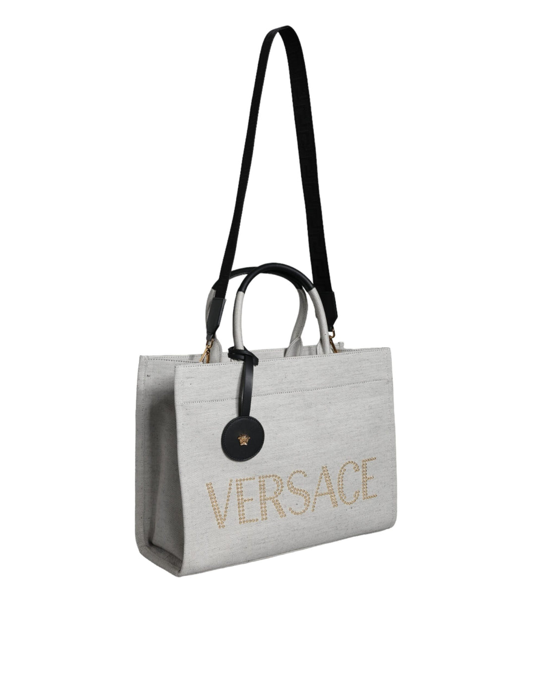 Versace Vit Axelremsväska i läder med topphandtag och logotyp