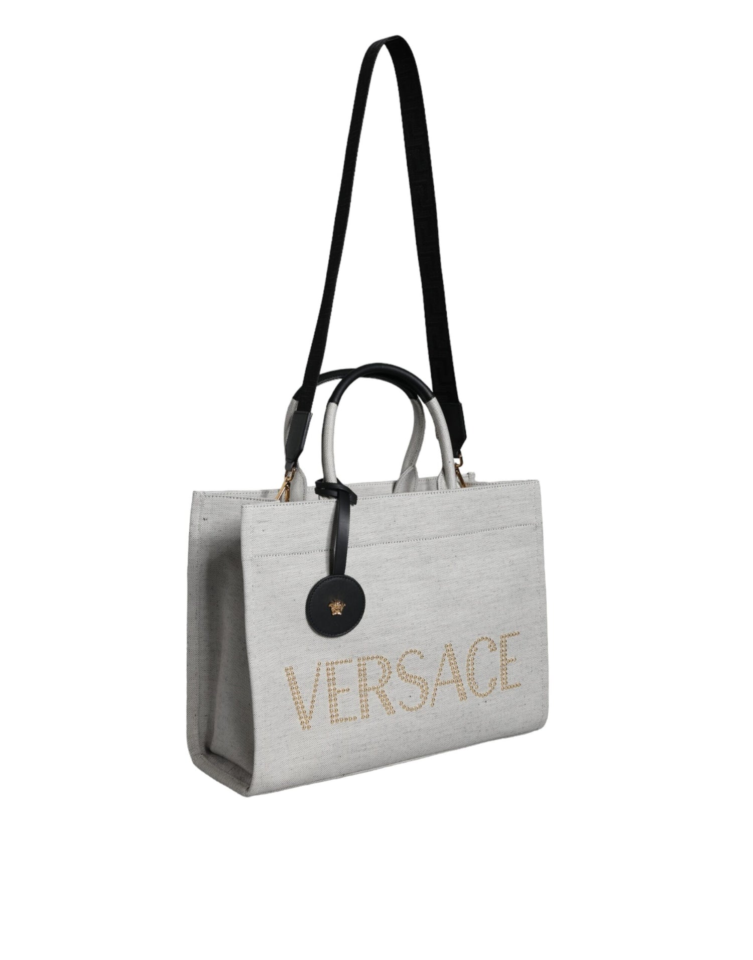 Versace Vit Axelremsväska i läder med topphandtag och logotyp