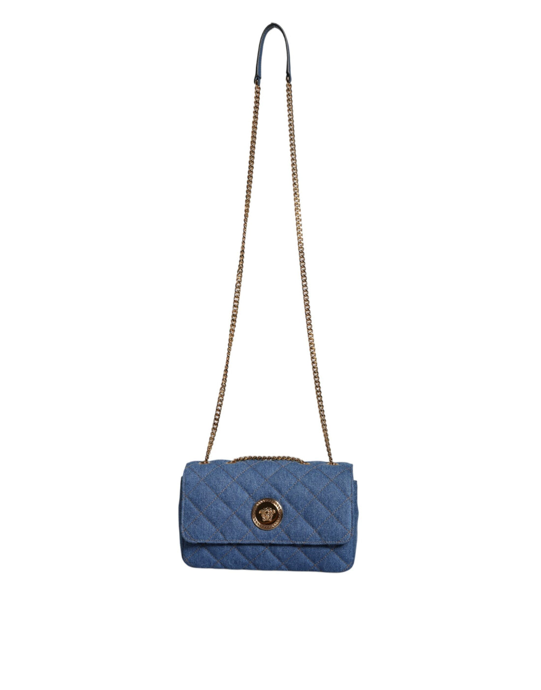 Versace Blå Quilted Denim Läder Axelremsväska