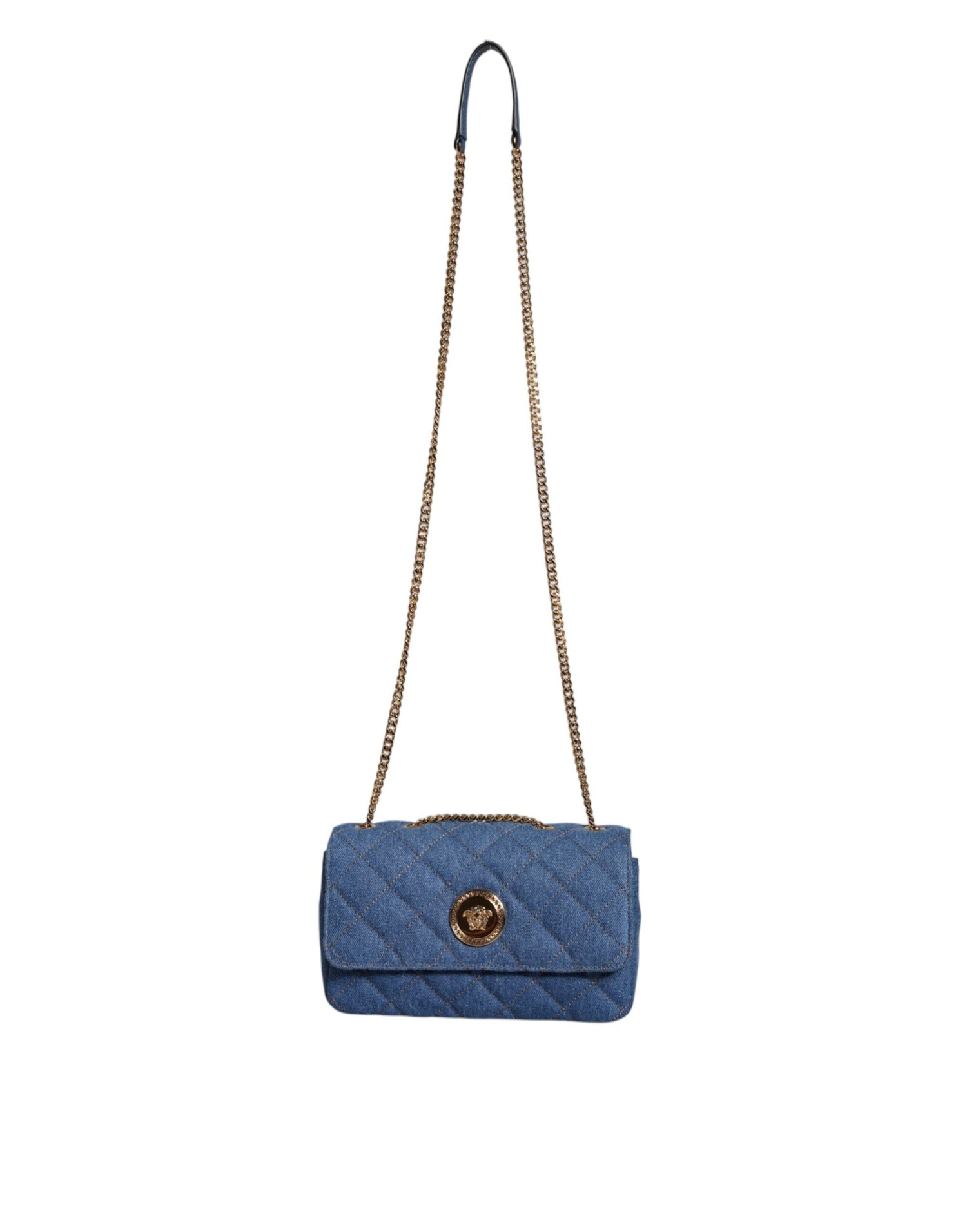 Versace Blå Quilted Denim Läder Axelremsväska