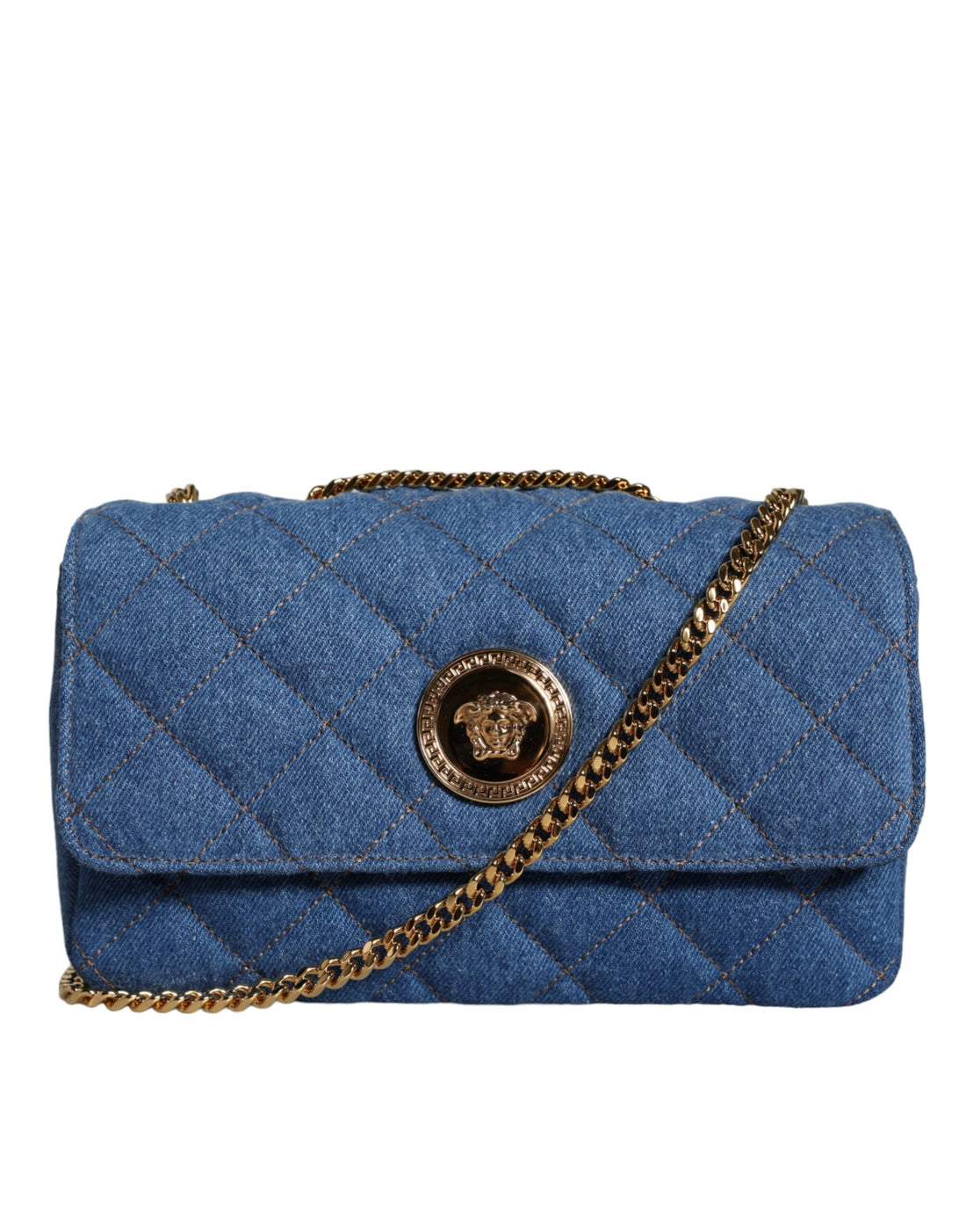 Versace Blå Quilted Denim Läder Axelremsväska