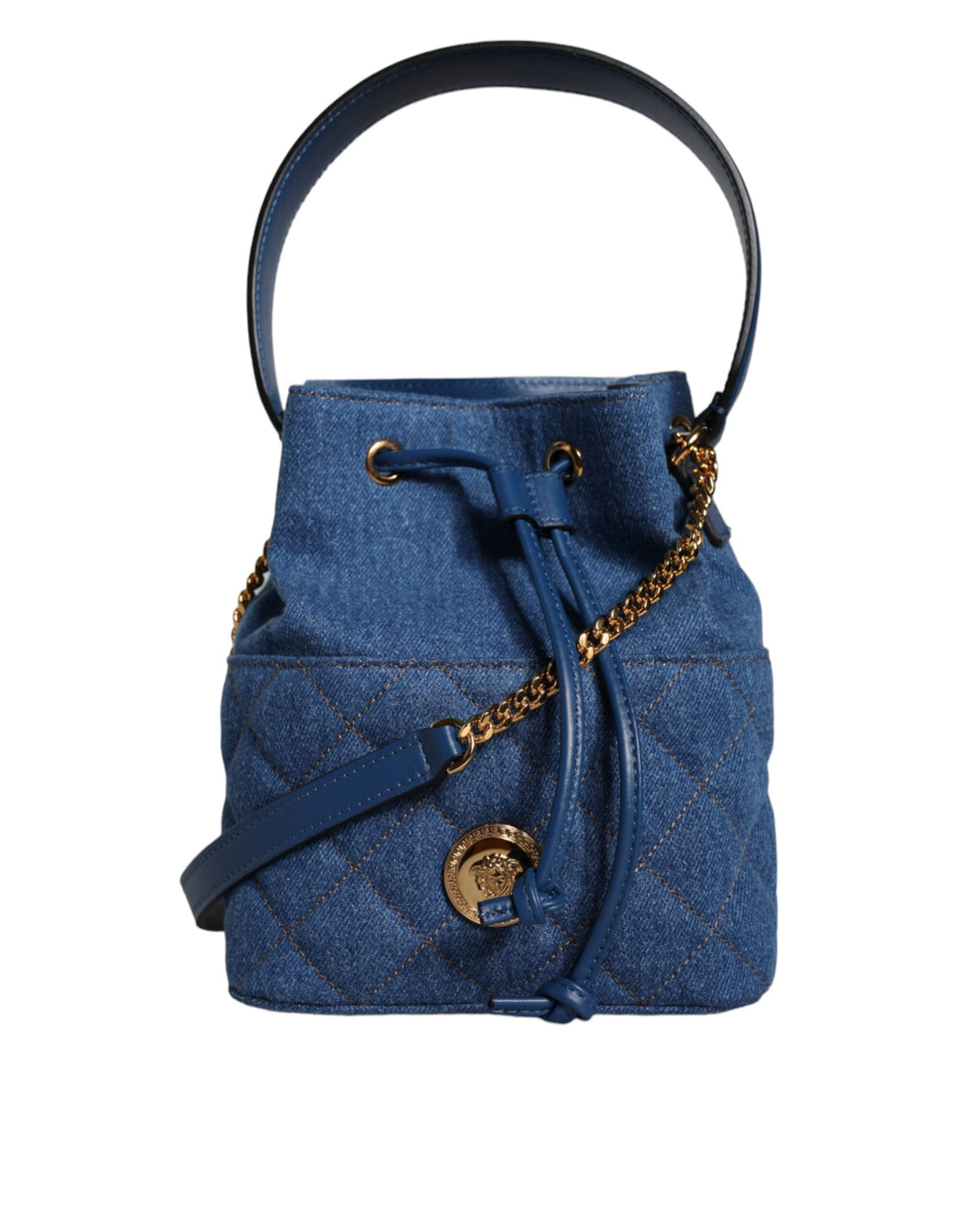 Versace Blå Quilted Denim Läder Axelremsväska