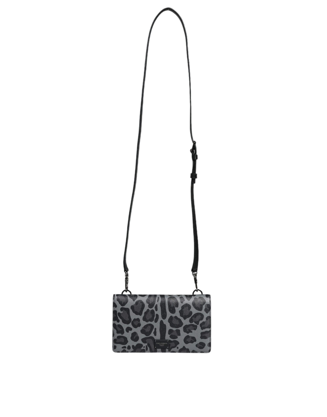 Dolce &amp;amp; Gabbana Svart Grå Leopard Läder Axelremsväska med Vikbart Korthållare