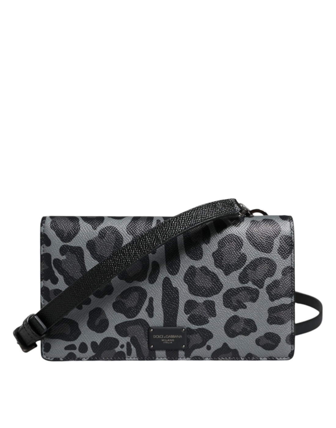 Dolce &amp;amp; Gabbana Svart Grå Leopard Läder Axelremsväska med Vikbart Korthållare