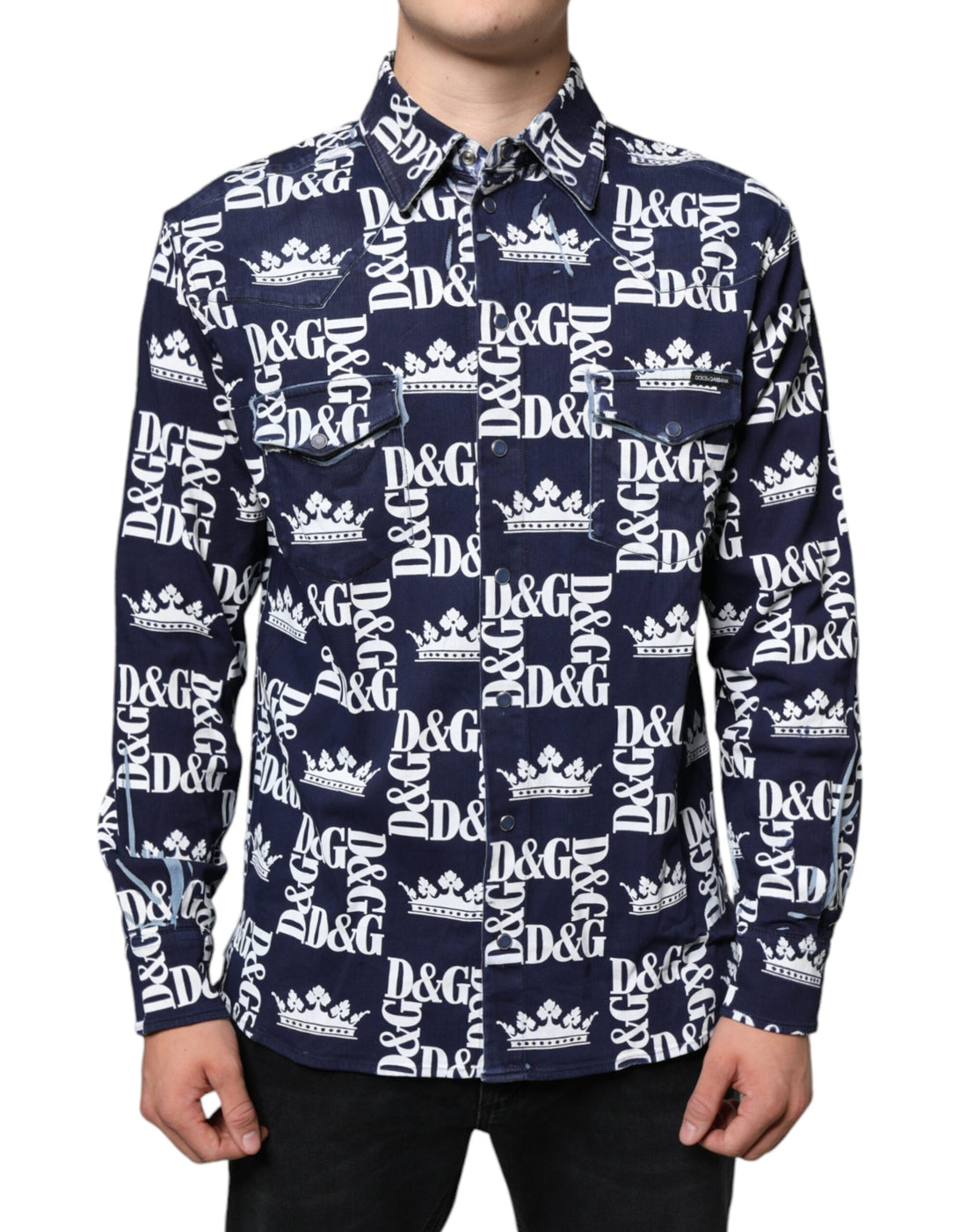 Dolce &amp;amp; Gabbana Blå Kronlogotyptryck Slim Fit Bomullsskjorta
