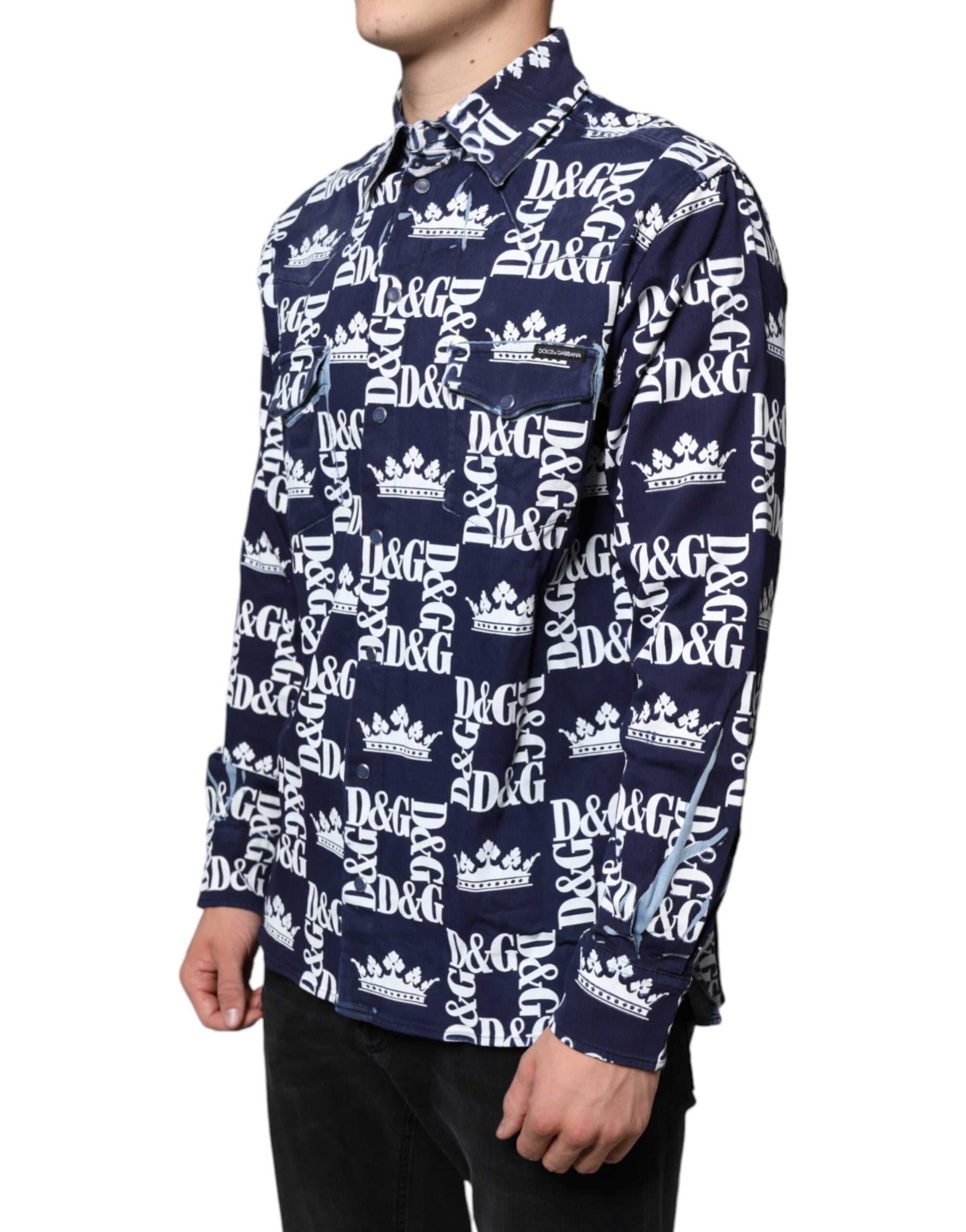Dolce &amp;amp; Gabbana Blå Kronlogotyptryck Slim Fit Bomullsskjorta