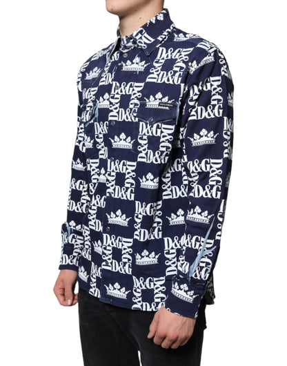 Dolce &amp;amp; Gabbana Blå Kronlogotyptryck Slim Fit Bomullsskjorta
