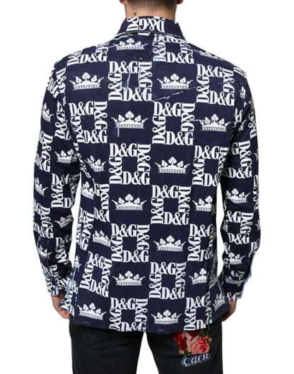 Dolce &amp;amp; Gabbana Blå Kronlogotyptryck Slim Fit Bomullsskjorta