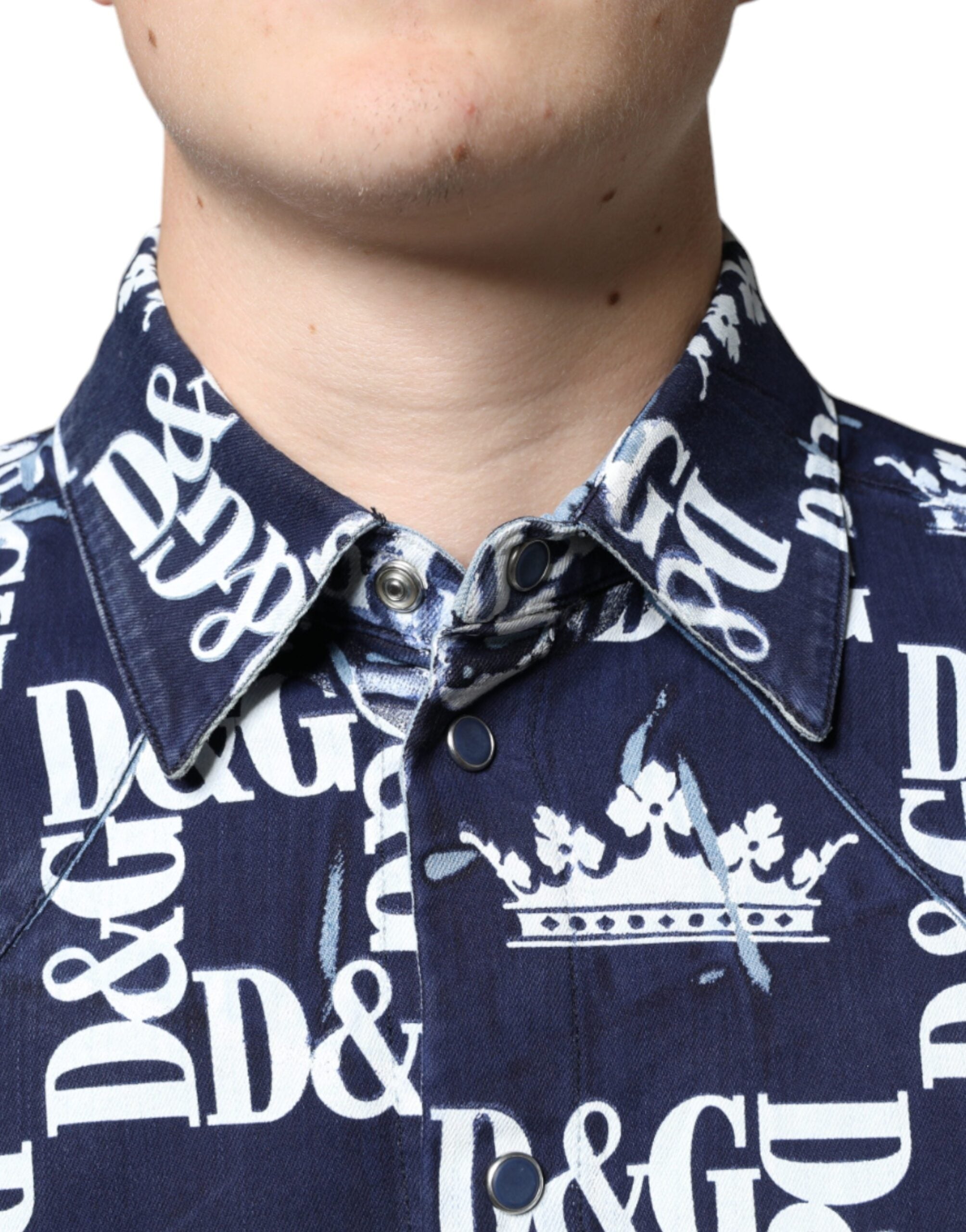 Dolce &amp;amp; Gabbana Blå Kronlogotyptryck Slim Fit Bomullsskjorta