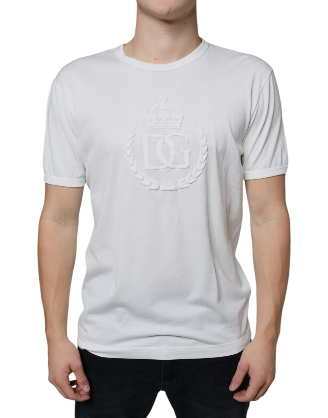 Dolce &amp;amp; Gabbana Vit t-shirt med präglad bomullsringning och logotyp