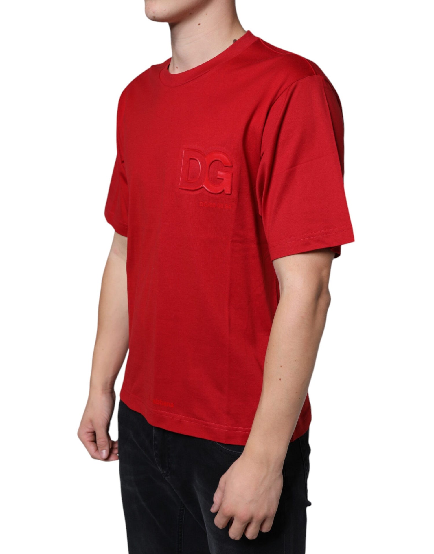 Dolce &amp;amp; Gabbana Röd Bomulls-T-shirt med DG-logotyp och Rund Halsringning