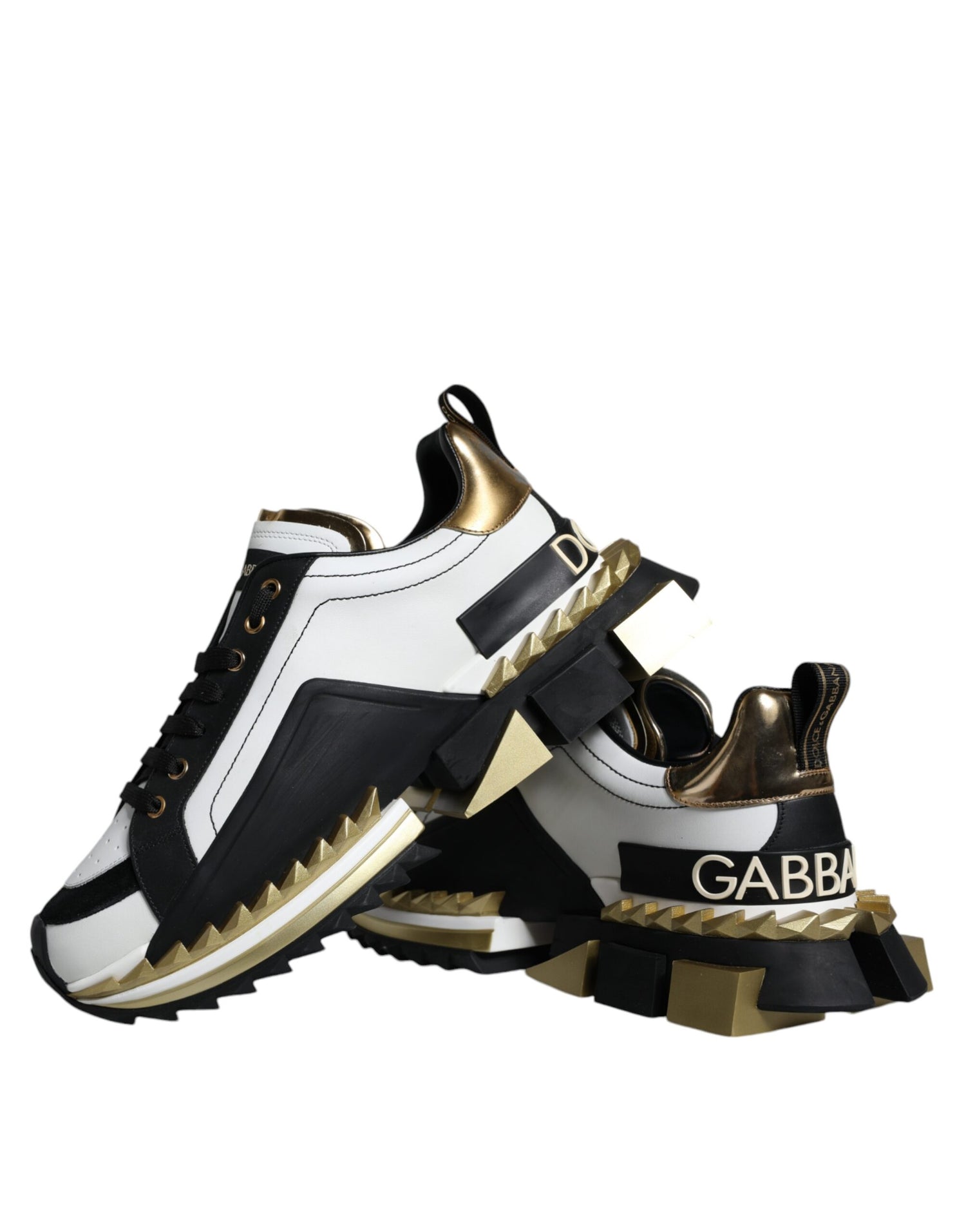 Dolce &amp;amp; Gabbana Vitguld Svart Läder SUPER KING Sneakers Skor