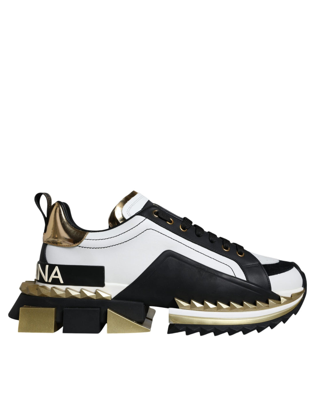 Dolce &amp;amp; Gabbana Vitguld Svart Läder SUPER KING Sneakers Skor