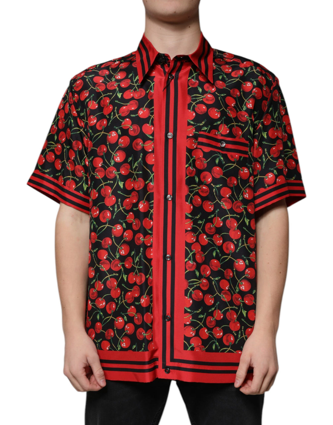 Dolce &amp;amp; Gabbana Svart Körsbärssidenskjorta med Knappar