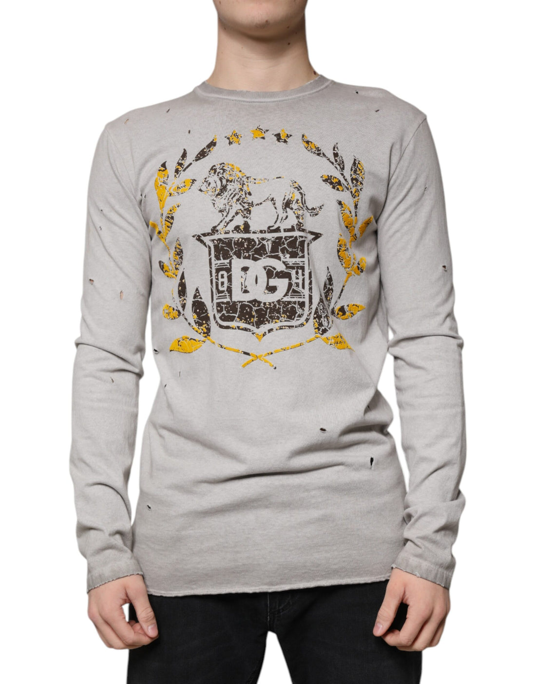 Dolce &amp;amp; Gabbana Grå Mönstrad Bomulls-Crouched Pullover-Tröja
