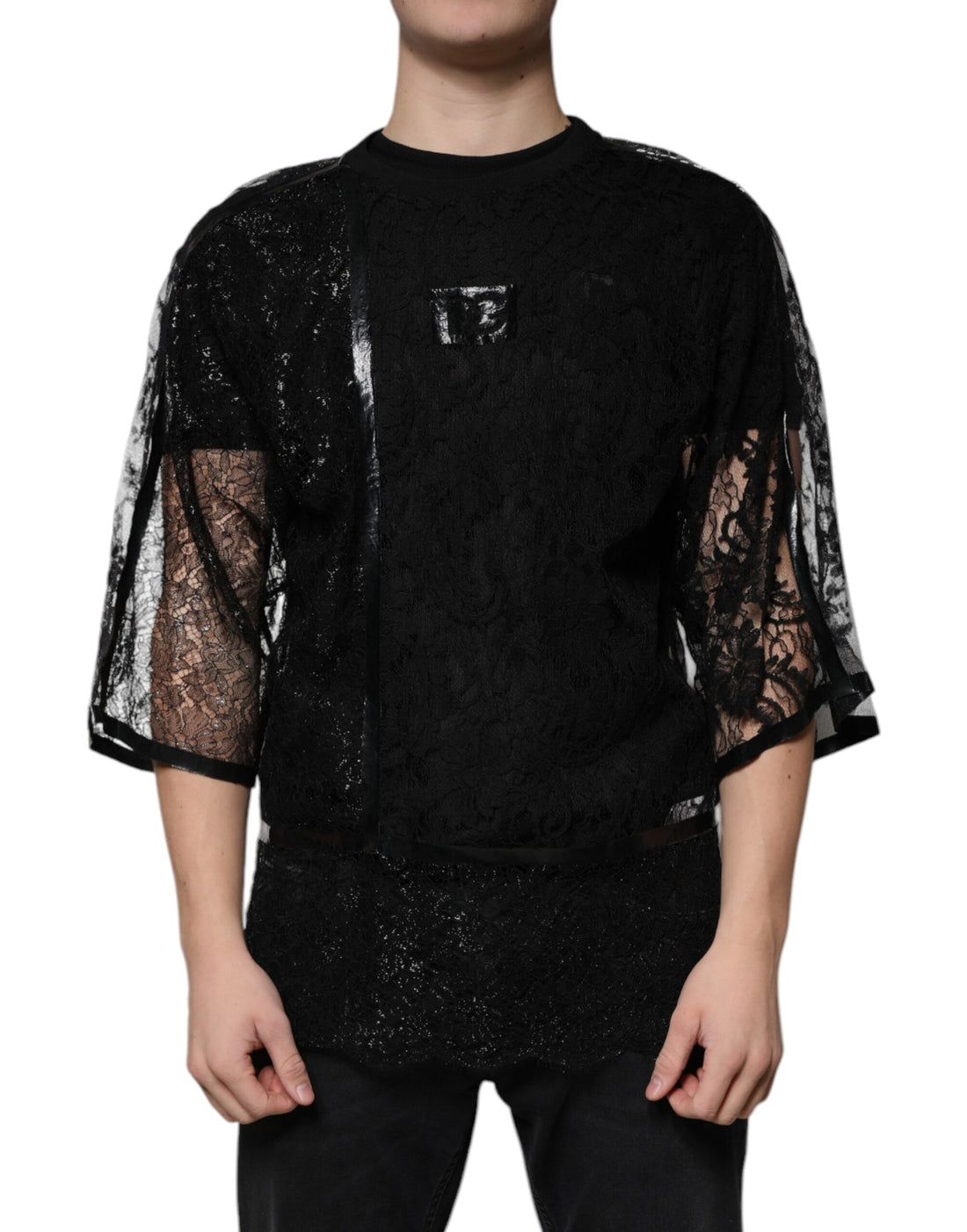 Dolce &amp;amp; Gabbana Svart Nylon Blommig Spets Rundringad T-shirt