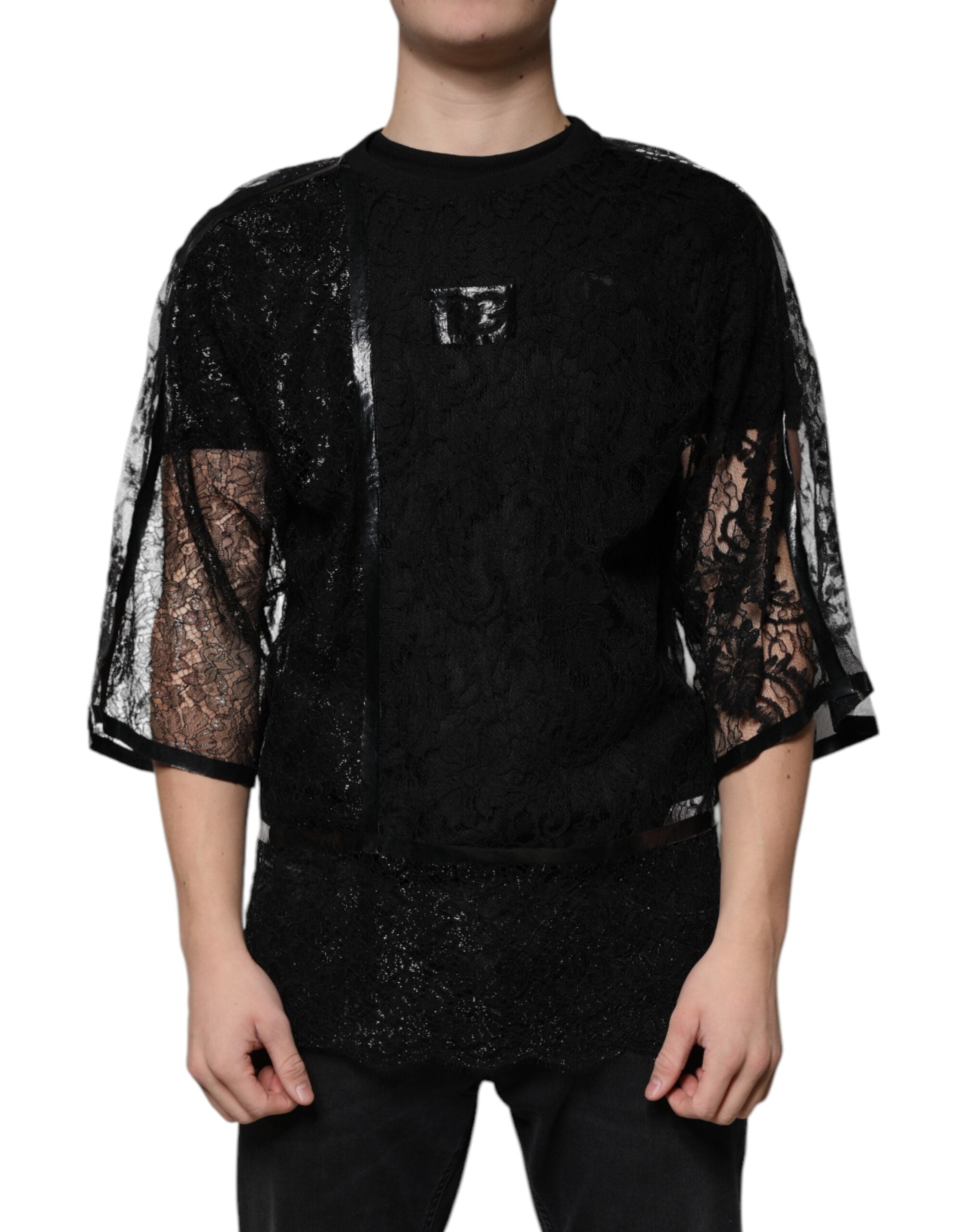 Dolce &amp;amp; Gabbana Svart Nylon Blommig Spets Rundringad T-shirt