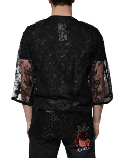 Dolce &amp;amp; Gabbana Svart Nylon Blommig Spets Rundringad T-shirt