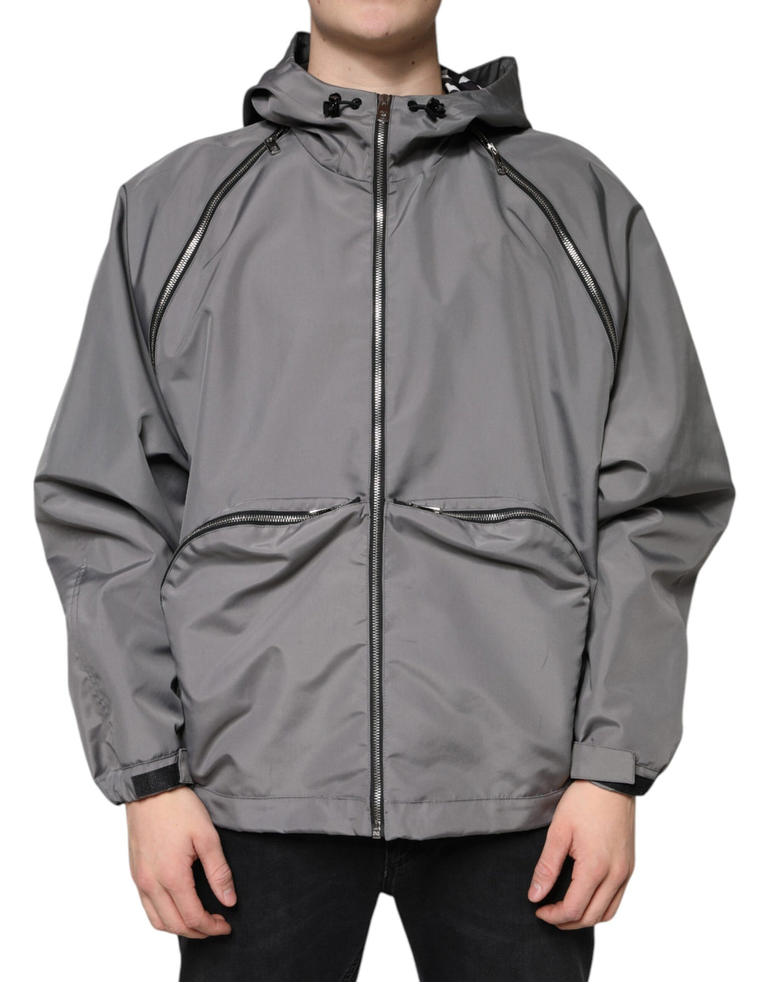 Dolce &amp;amp; Gabbana Grå Polyester Hooded Herrjacka med Hel Dragkedja