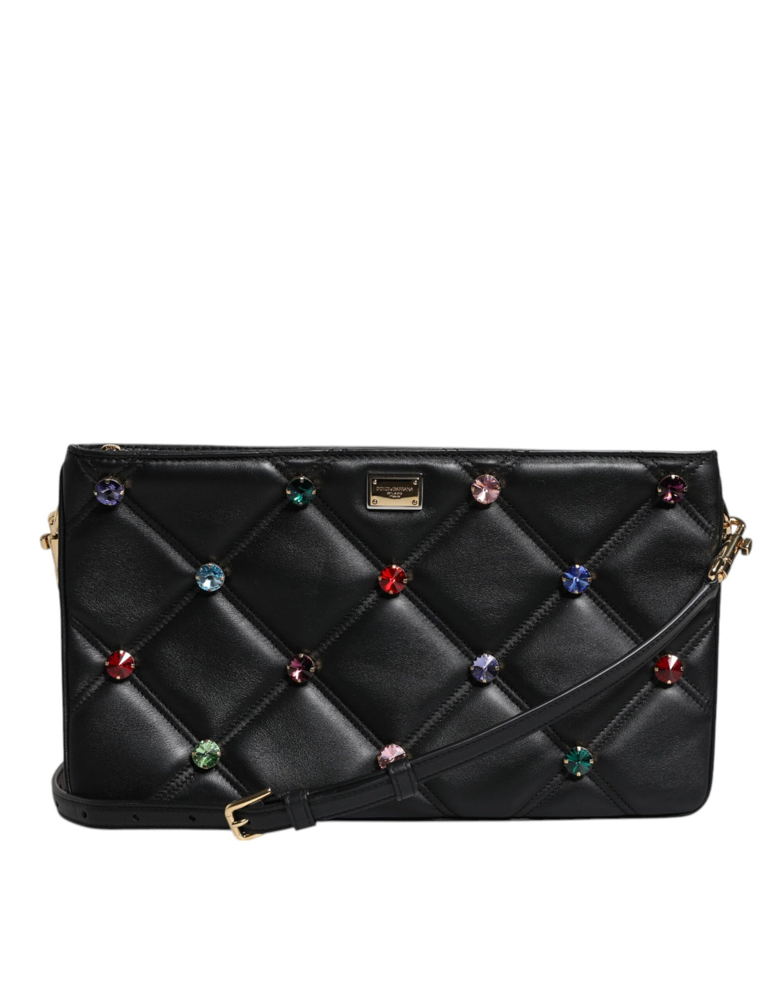Dolce &amp;amp; Gabbana svart läderväska med kristallutsmyckning och logotyp