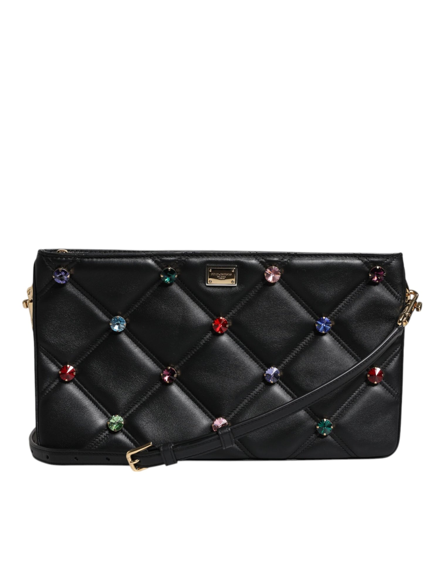 Dolce &amp;amp; Gabbana svart läderväska med kristallutsmyckning och logotyp