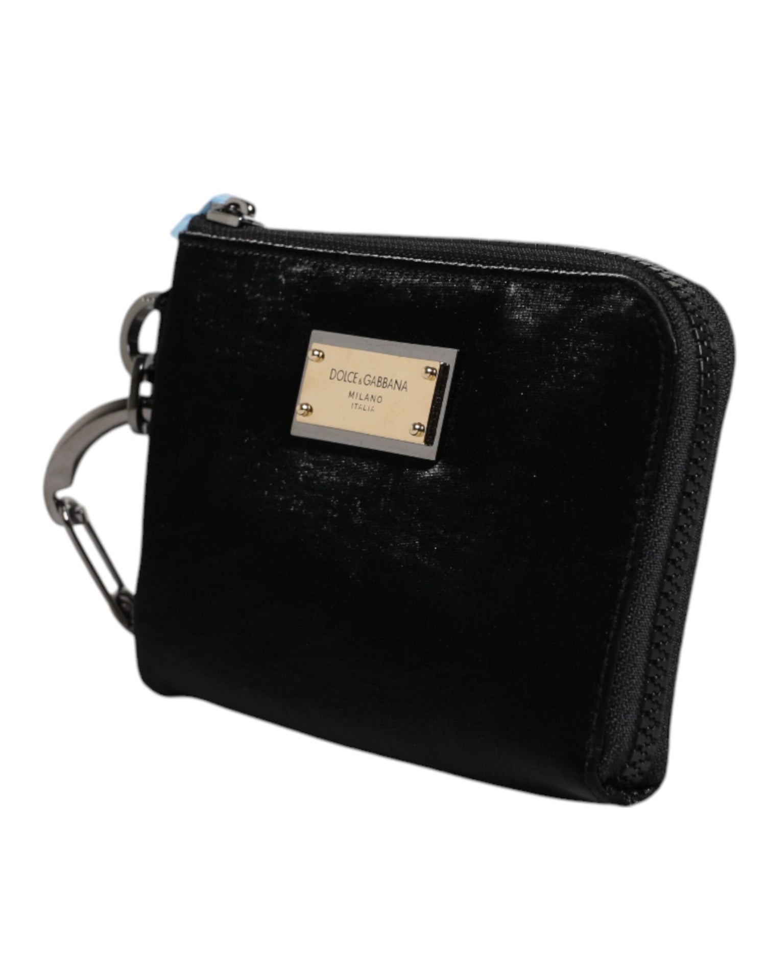 Dolce &amp;amp; Gabbana svart nylon nyckelringspåse med logotyp och plack kuvertväska