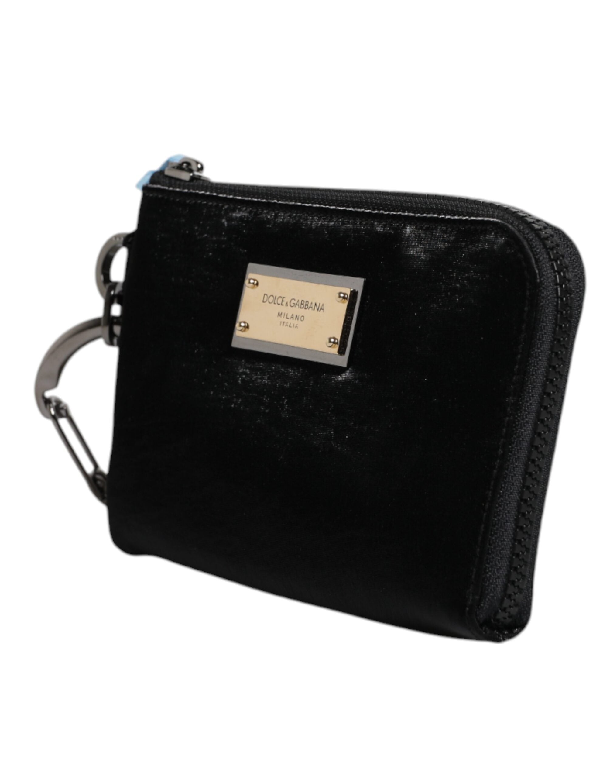 Dolce &amp;amp; Gabbana svart nylon nyckelringspåse med logotyp och plack kuvertväska