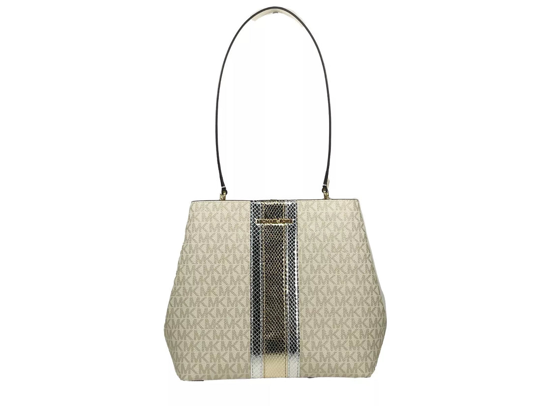 Michael Kors Medium Pratt Bucket Shoulder Bag Purse Ljusguld/Crämfärgad