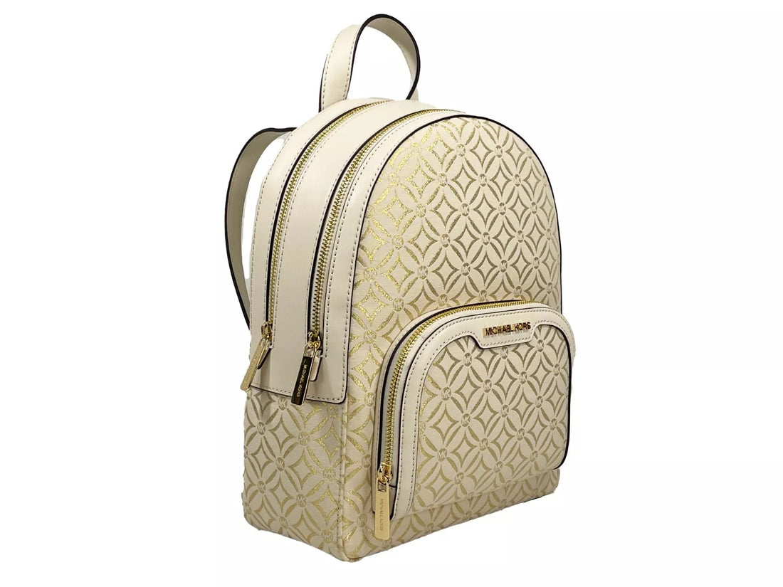 Michael Kors Jaycee Medium Ryggsäck med Dragkedja och Pocket – Krämfärgad Guld