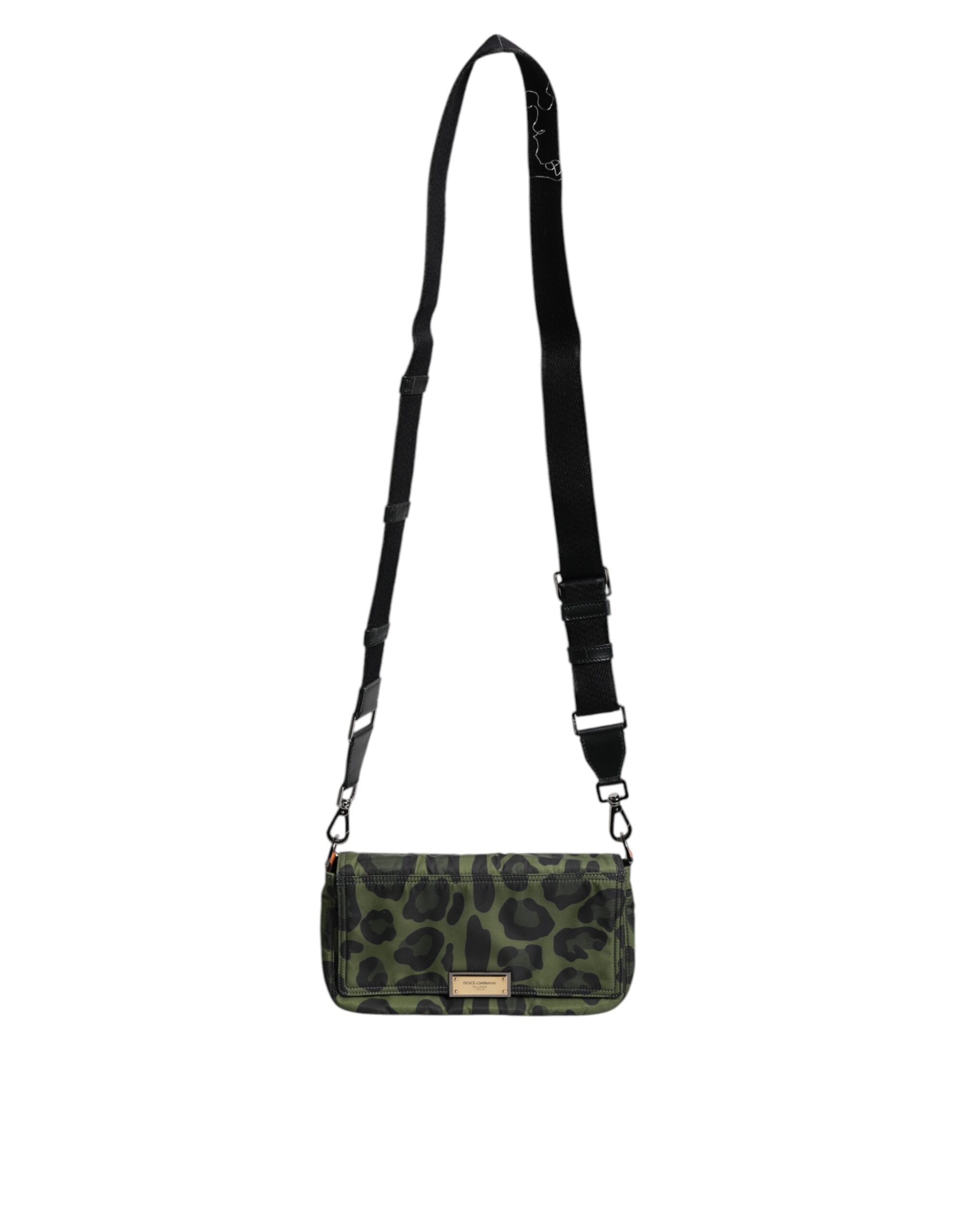 Dolce &amp;amp; Gabbana Grön Nylon Leopardmönstrad Axelremsväska med Skalmönster