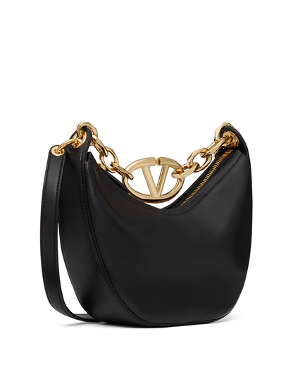Valentino Garavani Black Leather Mini Hobo Vlogo Axelväska