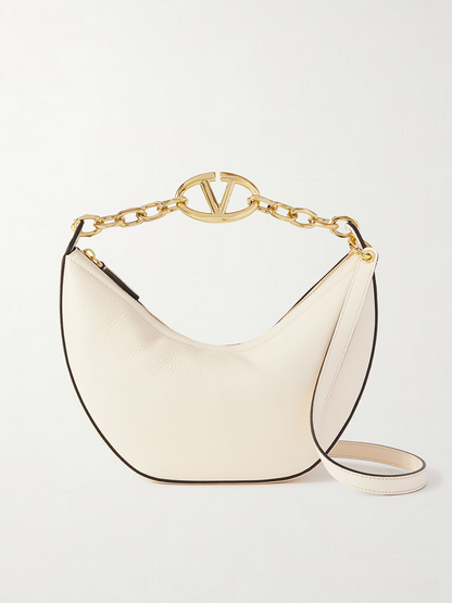 Valentino Garavani Ivory Leather Small Hobo Vlogo Axelväska