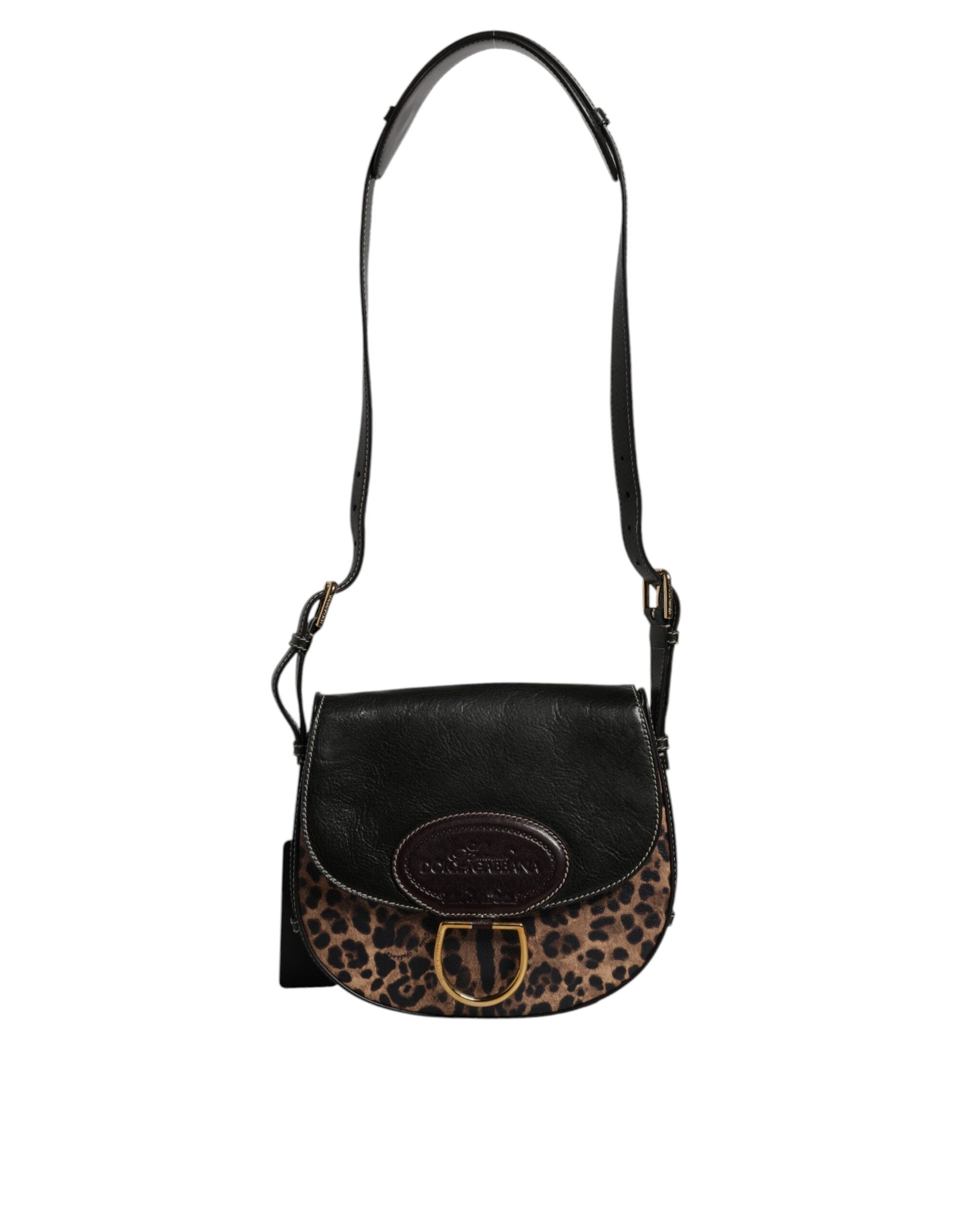 Dolce &amp;amp; Gabbana Svart Brun Leopard Läderväska med Axelrem