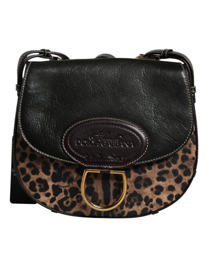 Dolce &amp;amp; Gabbana Svart Brun Leopard Läderväska med Axelrem