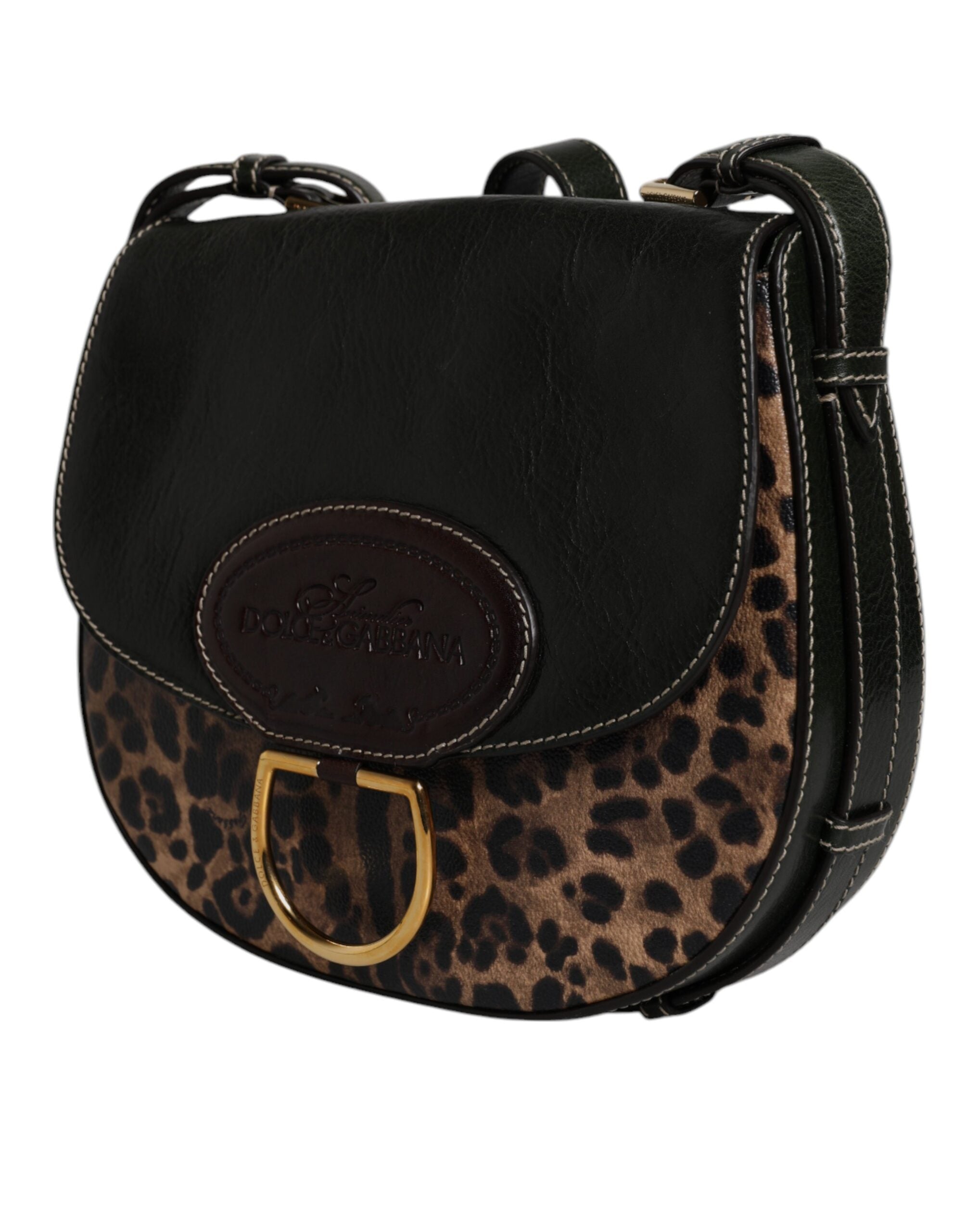 Dolce &amp;amp; Gabbana Svart Brun Leopard Läderväska med Axelrem