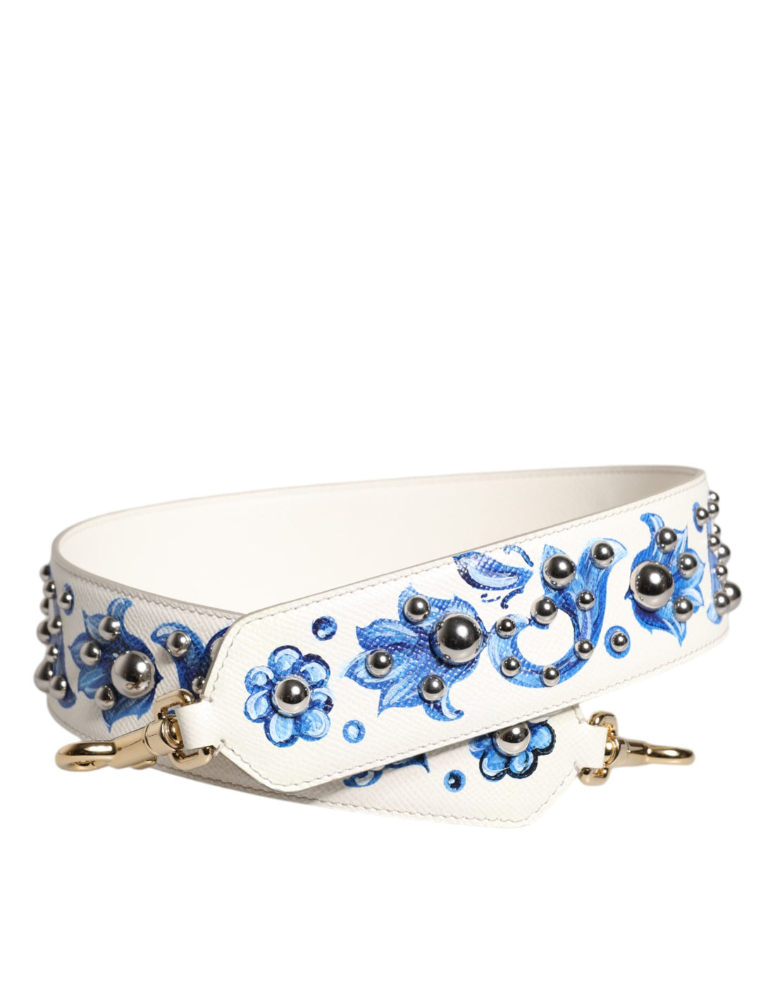 Dolce &amp;amp; Gabbana Vit Blå Blommig Läder Axelrem med Nitar