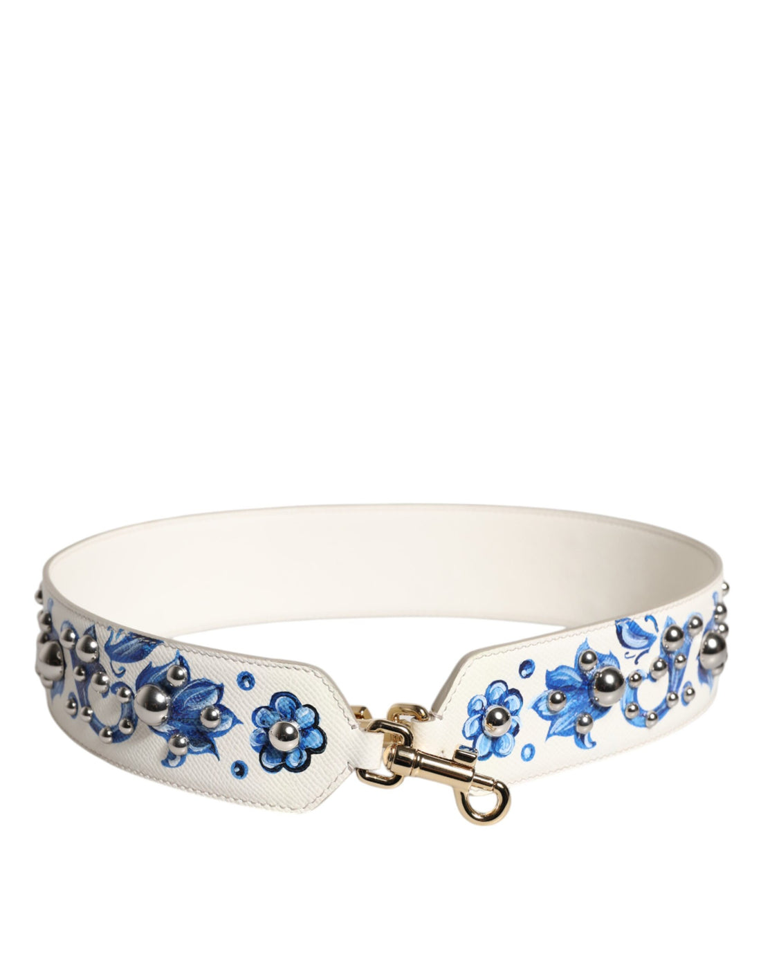 Dolce &amp;amp; Gabbana Vit Blå Blommig Läder Axelrem med Nitar
