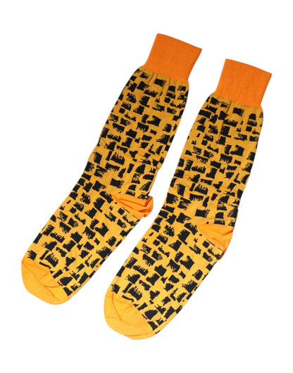 Dolce &amp;amp; Gabbana Gula Svarta Mönstrade Mid Calf Herrstrumpor
