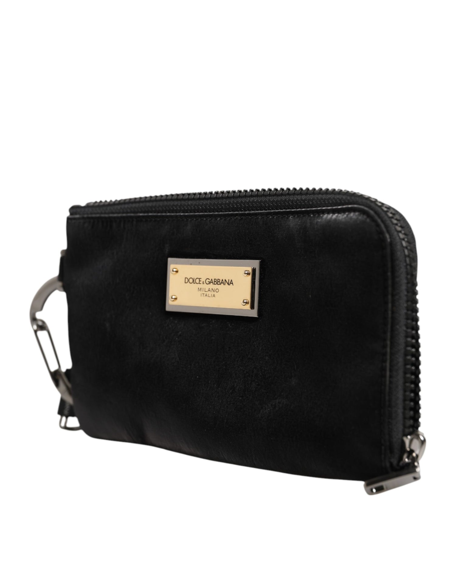 Dolce &amp;amp; Gabbana svart nylon nyckelringspåse med logotyp och plack kuvertväska