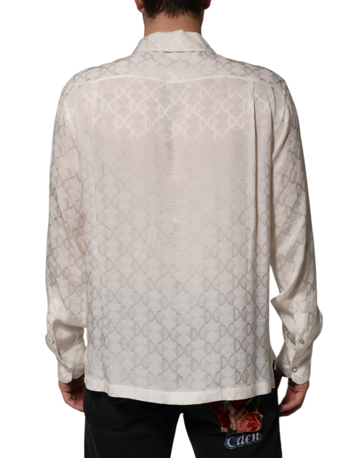 Dolce &amp;amp; Gabbana Vit Sidenskjorta med DG-logotyp och långa ärmar